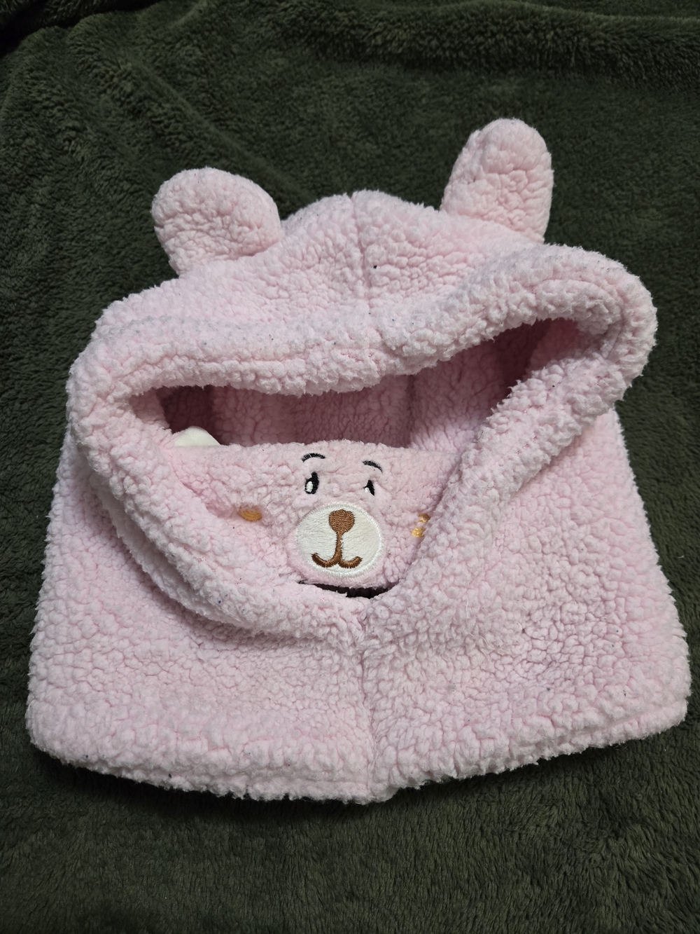 pink plush bear hood hat warm cozy animal style kawaii winter missing drawstring